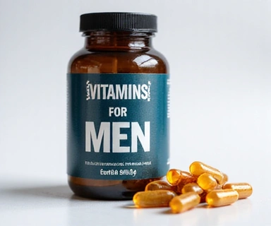 Vitamins for Men product with a clean, modern design, showing various vitamin capsules. No text.